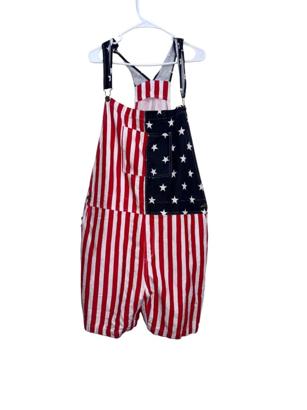 American Flag Patriotic Overalls Red & White Stripes Blue Stars Adjustable Strap